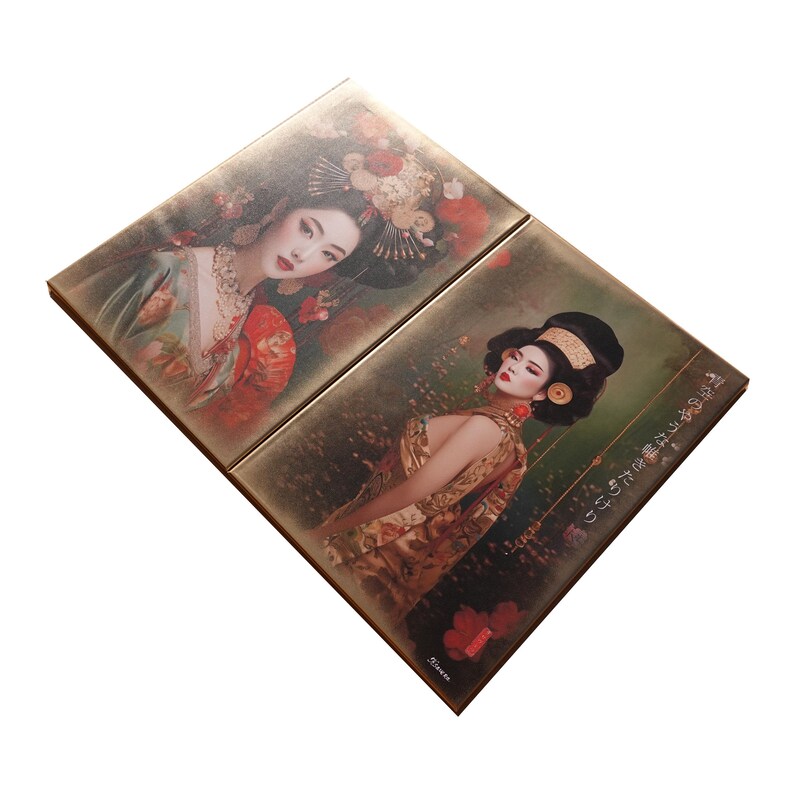 two photographs of women in traditional Asian attire, with ornate headpieces and intricate patterns. The photographs are displayed on a flat surface, with the left photograph slightly overlapping the right one.