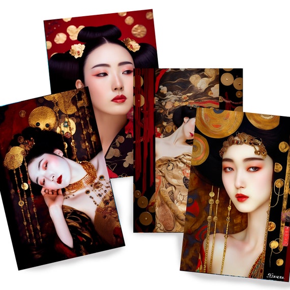 Japanese geisha DS0271 by Ksavera - Digital print set of 4 - synthography fine art prints - Printed on glossy premium fine art photo paper