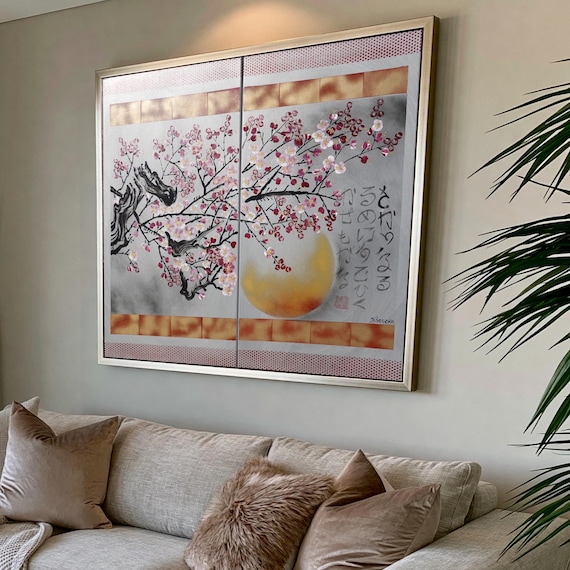 Silver Diptych Wall Art J342 Japanese Cherry Blossom Painting Acrylic Canvas Ksavera