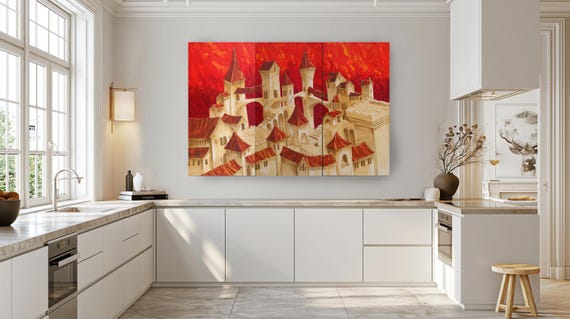 Surrealism Wall Art S038 Orange Cityscape Painting Triptych by Ksavera