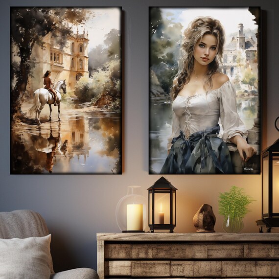 Belle Epoque DS0658 by artist Ksavera - set of 2 giclee prints on stretched canvas, black or gold edges. READY to HANG - diptych