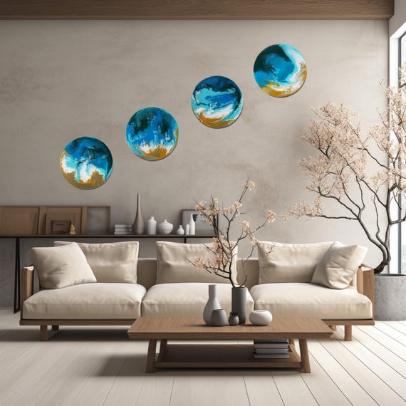 seashore fluid painting, Blue Ocean, Abstract Set of round paintings, modern art A547 Acrylic Contemporary Art by artist Ksavera