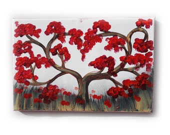 red cherry tree Painting Original small Art 28 KSAVERA 8"x12" Flowers Art Nouveau Sakura painting on canvas birthday for mom her