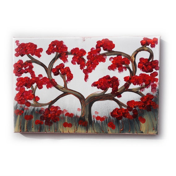 red cherry tree Painting Original small Art 28 KSAVERA 8"x12" Flowers Art Nouveau Sakura painting on canvas birthday for mom her