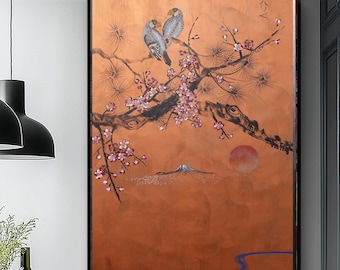 Japanese Birds J526 | Original Acrylic Painting on Large Canvas | Contemporary Wall Art by Ksavera