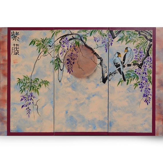 Lilac Japanese wisteria Japan art love birds Japanese style painting J180 original art stretched canvas acrylic paintings by artist Ksavera