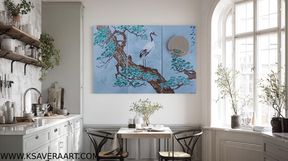 Japanese Crane Moon Painting J174 Blue Gold Acrylic on Stretched Canvas by Ksavera