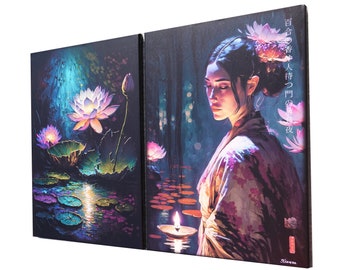 Japanese gold geisha DS0247 by artist Ksavera - set of 2 giclee prints on stretched canvas, black or gold edges. READY to HANG - diptych