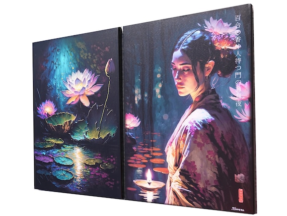 Japanese gold geisha DS0247 by artist Ksavera - set of 2 giclee prints on stretched canvas, black or gold edges. READY to HANG - diptych