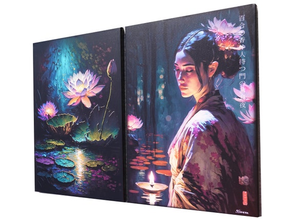 Japanese gold geisha DS0247 by artist Ksavera - set of 2 giclee prints on stretched canvas, black or gold edges. READY to HANG - diptych