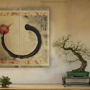 Zen Enso Japanese paining sun Japan Hieroglyph gold original artwork in japanese style J223 japonism wall art by artist Ksavera image 9