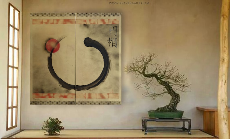 PRONTO PER LA SPEDIZIONE Zen Enso Sun Japan Golden Originals Pittura Arte giapponese J223 Japonism Wall Art Dittico dell'artista Ksavera immagine 9