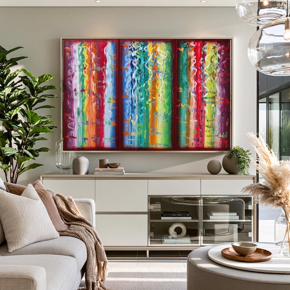 Tryptych Rainbow Abstract Paintings A1227 colorful art for Lounge, Office, Sleeping room or above sofa by artist Ksavera