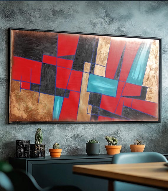 Abstract Geometric Canvas A1378 Modern Red and Bronze Art Signed Original by Ksavera