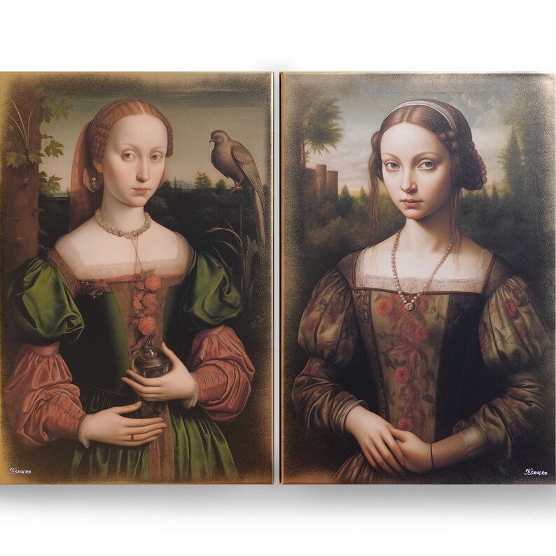 May include: Two framed paintings of women in Renaissance-style clothing. The woman on the left is wearing a green and red dress and holding a small, ornate container. The woman on the right is wearing a brown and green dress with floral patterns.