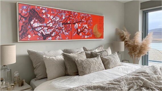 original acrylic painting Japanese Sakura J301 cherry blossom red diptych by Ksavera