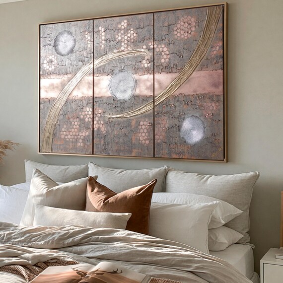 Copper rusty Abstract painting A1232 by artist Ksavera - large textured triptych, original abstract textured paintings - READY to HANG
