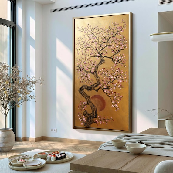 Pink Cherry Blossoms J548 | Large Japandi Zen Feng Shui Gold Japanese Floral Original Painting | Ksavera