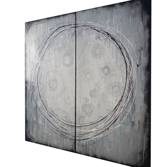monochrome Silver black and white abstract diptych Enso A309 100x100 cm modern wall art set of 2 original paintings by artist Ksavera