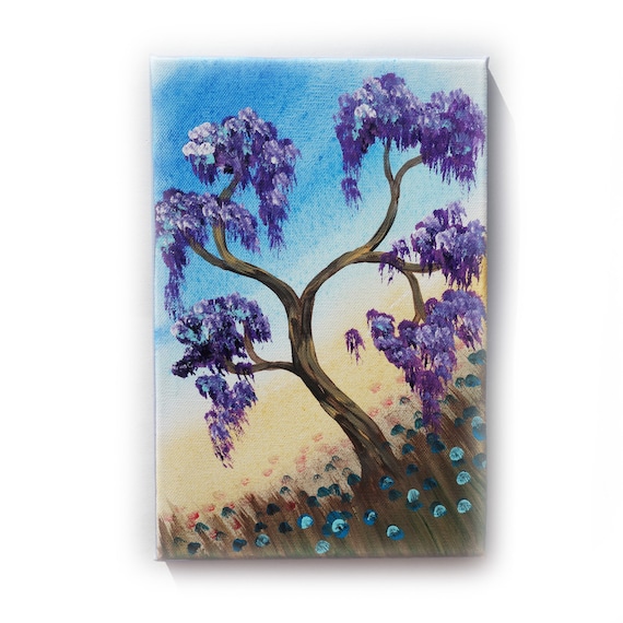 Violet Oak Painting Tree Original small Art 1 KSAVERA 8"x12" Flowers Sunrise Sunset Sakura painting on canvas birthday for mom her