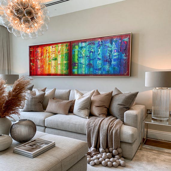 Abstract Rainbow Painting A623 | Original Acrylic on Canvas Diptych | 50X200Cm | Ready-To-Hang | Ksavera