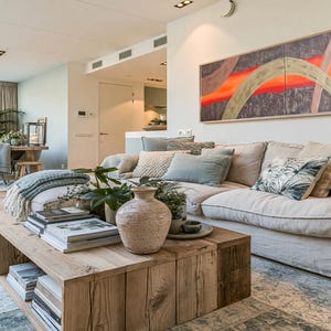 a modern living room with a large window, a comfortable sofa, a wooden coffee table, and various decorative elements such as potted plants, vases, and books.