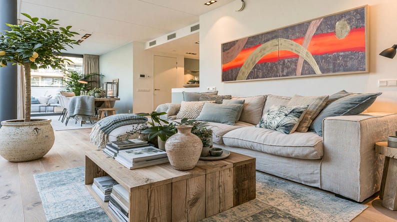 a modern living room with a large window, a comfortable sofa, a wooden coffee table, and various decorative elements such as potted plants, vases, and books.
