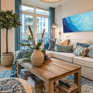 a cozy living room with a large window overlooking a balcony, a comfortable white sofa adorned with throw pillows, a wooden coffee table, and a large abstract painting on the wall.