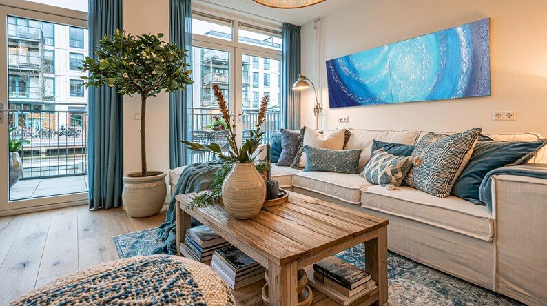 a cozy living room with a large window overlooking a balcony, a comfortable white sofa adorned with throw pillows, a wooden coffee table, and a large abstract painting on the wall.
