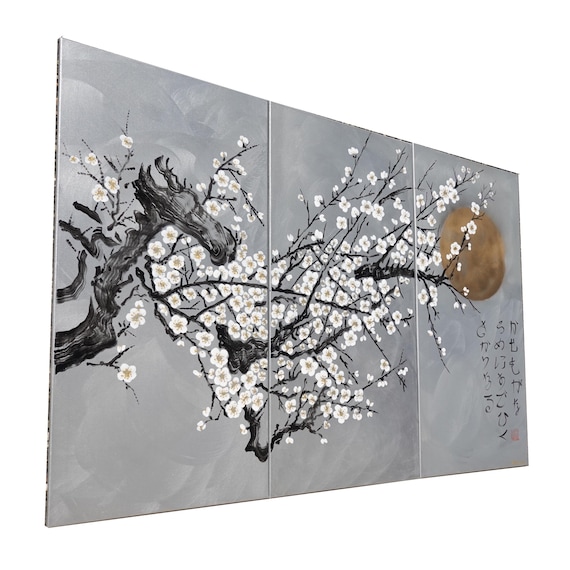 Japanese sakura J214 - large silver triptych, original art, japanese style paintings