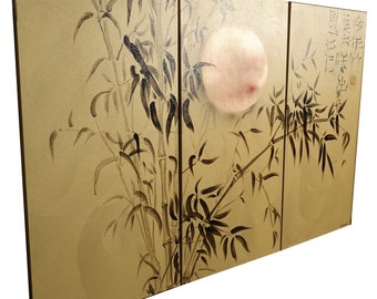 Japanese bamboo J204 - large gold triptych, original art, japanese style paintings by Ksavera