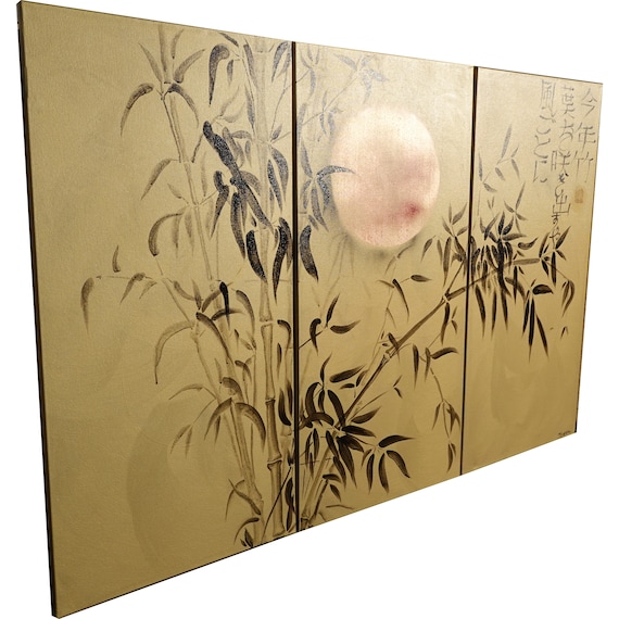 Japanese bamboo J204 - large gold triptych, original art, japanese style paintings by Ksavera