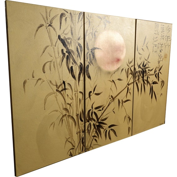 Japanese bamboo J204 - large gold triptych, original art, japanese style paintings by Ksavera