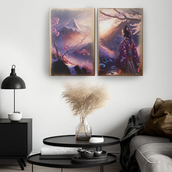 Japanese gold geisha DS0240 by artist Ksavera - set of 2 giclee prints on stretched canvas, black or gold edges. READY to HANG - Set of 2