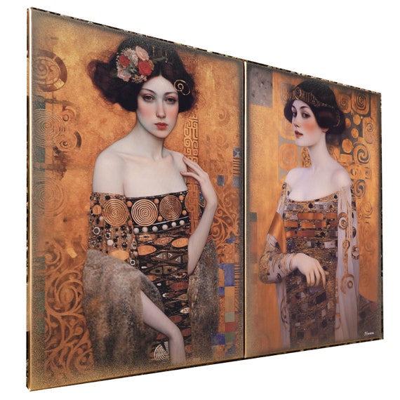 Belle Epoque DS0252 by artist Ksavera - set of 2 giclee prints on stretched canvas, black or gold edges. READY to HANG - diptych - Klimt
