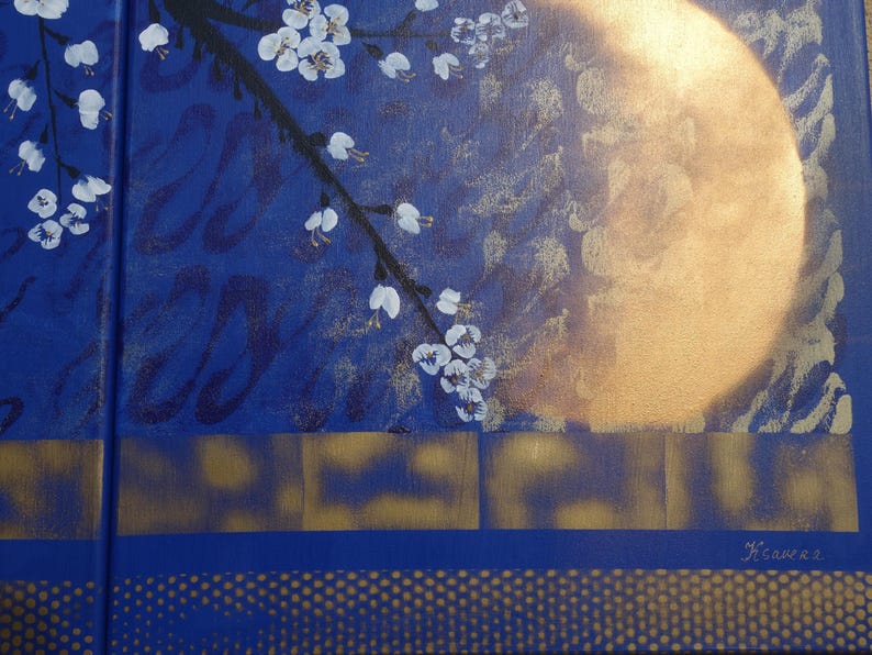 The image is a close-up of a painting featuring a branch with white flowers against a blue background, with a large golden moon in the background.