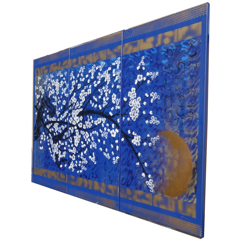 The image is a large, colorful painting depicting a tree with white flowers against a blue background.