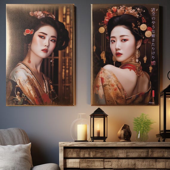 Japanese gold geisha DS0651 by artist Ksavera - set of 2 giclee prints on stretched canvas, black or gold edges. READY to HANG - diptych