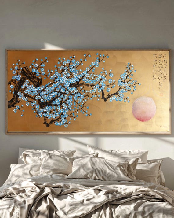 Japanese blue Sakura J543 is a large Japandi gold horizontal Original Acrylic Painting on unstretched canvas by artist Ksavera