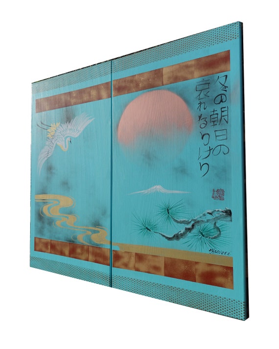 Japanese crane J343 - turquoise diptych, original art, japanese style paintings by artist Ksavera