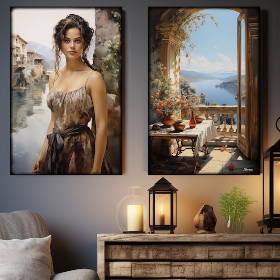 Belle Epoque DS0660 by artist Ksavera - set of 2 giclee prints on stretched canvas, black or gold edges. READY to HANG - diptych, portrait