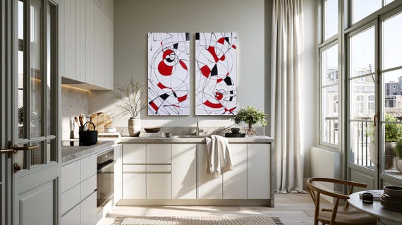 Diptych Wall Art A025 Bold Abstract Red, White & Black - Mid Century Style by Ksavera