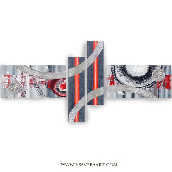 Silver red gray Abstract Set 4 piece paintings modern art A2011/03 Abstract textured Painting Acrylic Contemporary Art by artist Ksavera