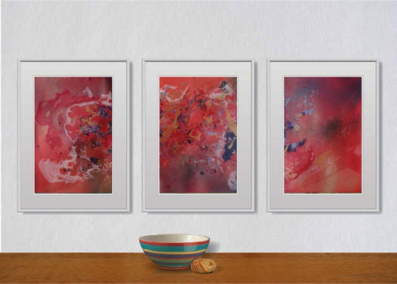 Set of 3 Fluid abstract original paintings on paper A4 - 18J055