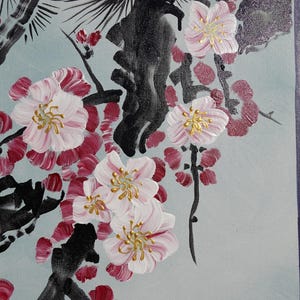 The image is a close-up of a painting featuring a variety of pink and white flowers with gold centers, set against a light blue background.