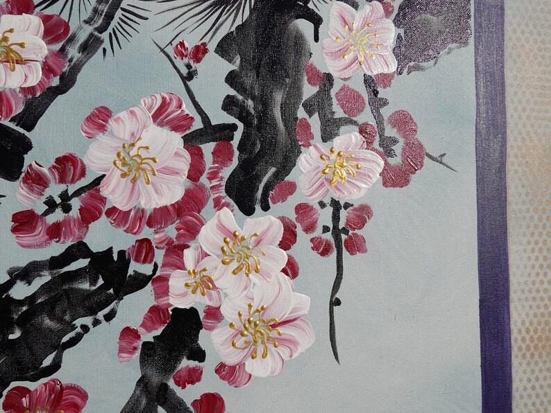 The image is a close-up of a painting featuring a variety of pink and white flowers with gold centers, set against a light blue background.