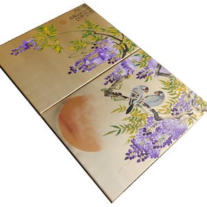 The image is a two-panel collage featuring a floral design with purple flowers and birds. The panels are arranged diagonally, creating a sense of depth and movement.