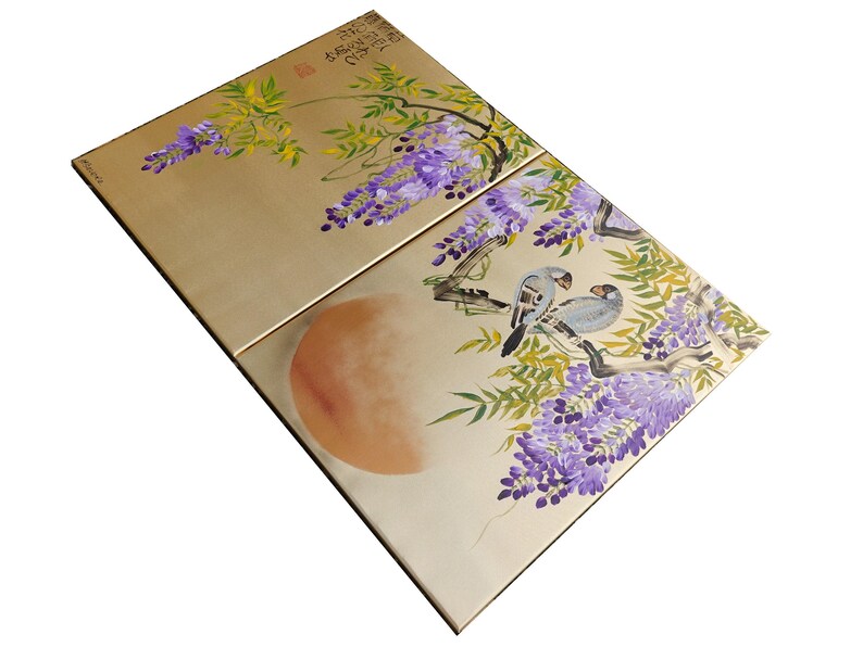 The image is a two-panel collage featuring a floral design with purple flowers and birds. The panels are arranged diagonally, creating a sense of depth and movement.