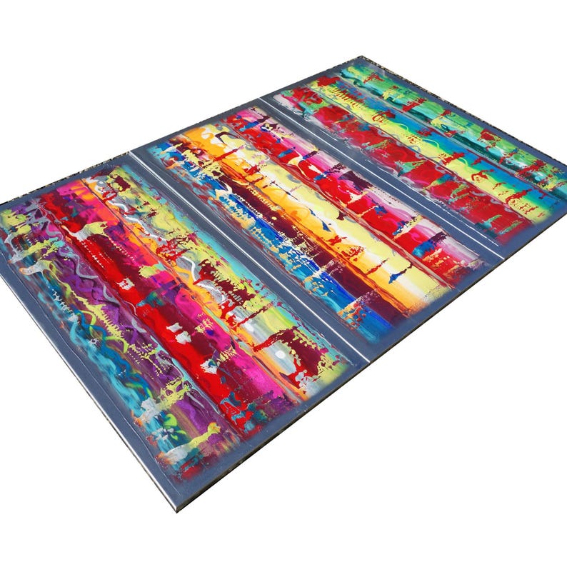 The image is a vibrant, abstract painting with bold colors and dynamic brushstrokes.