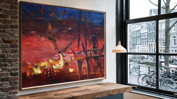 Dragon Smaug attacks Lake-town S053 Large impressionism acrylic painting on unstretched canvas art by artist Ksavera